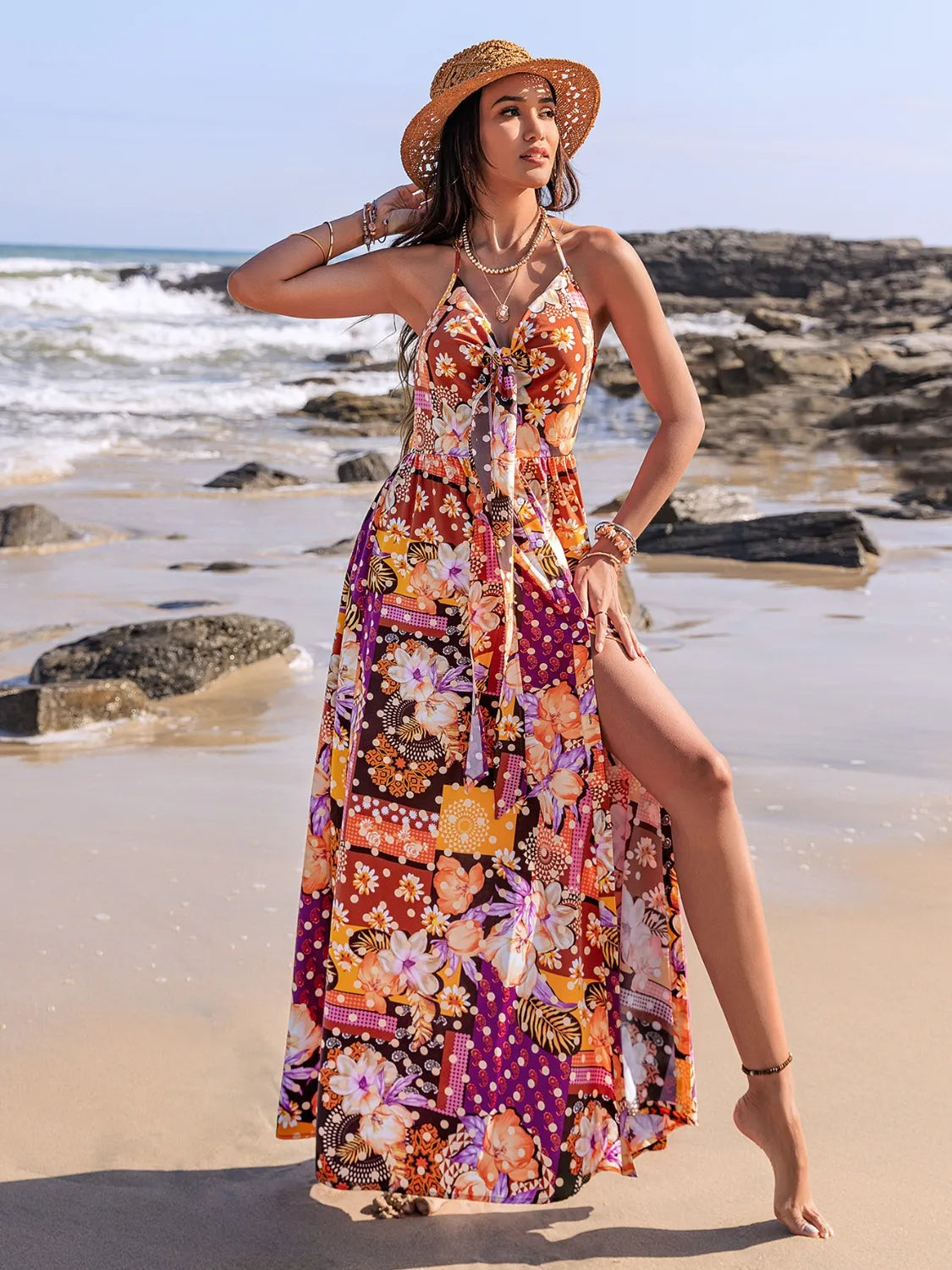 Slit Printed Halter Neck Cami Dress