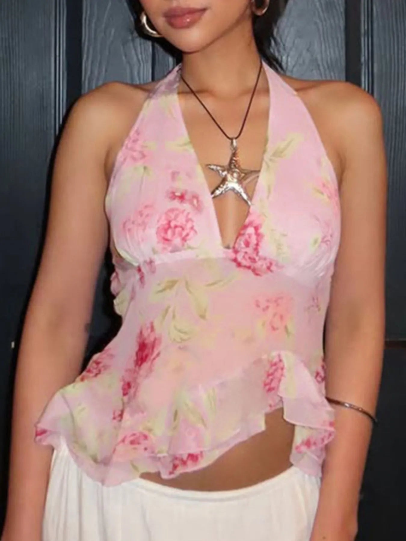 Floral Halter Neck Cami Pink