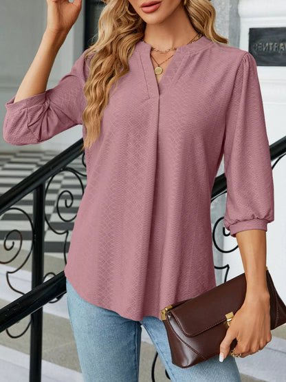 Notched 3/4 Sleeve Casual Top Moonlit Mauve