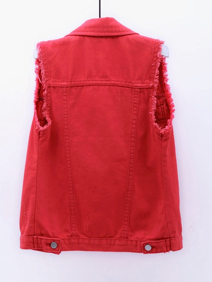 Full Size Button Down Raw Hem Sleeveless Denim Jacket Plus Size