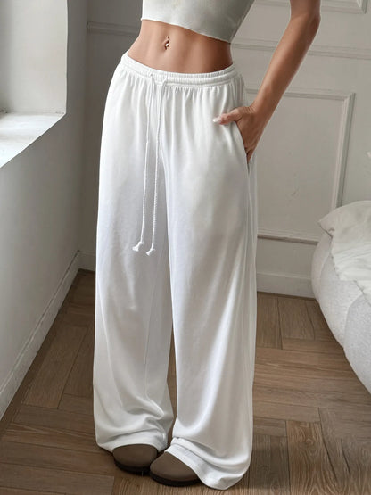 Relaxed Wide Leg Drawstring Pants White