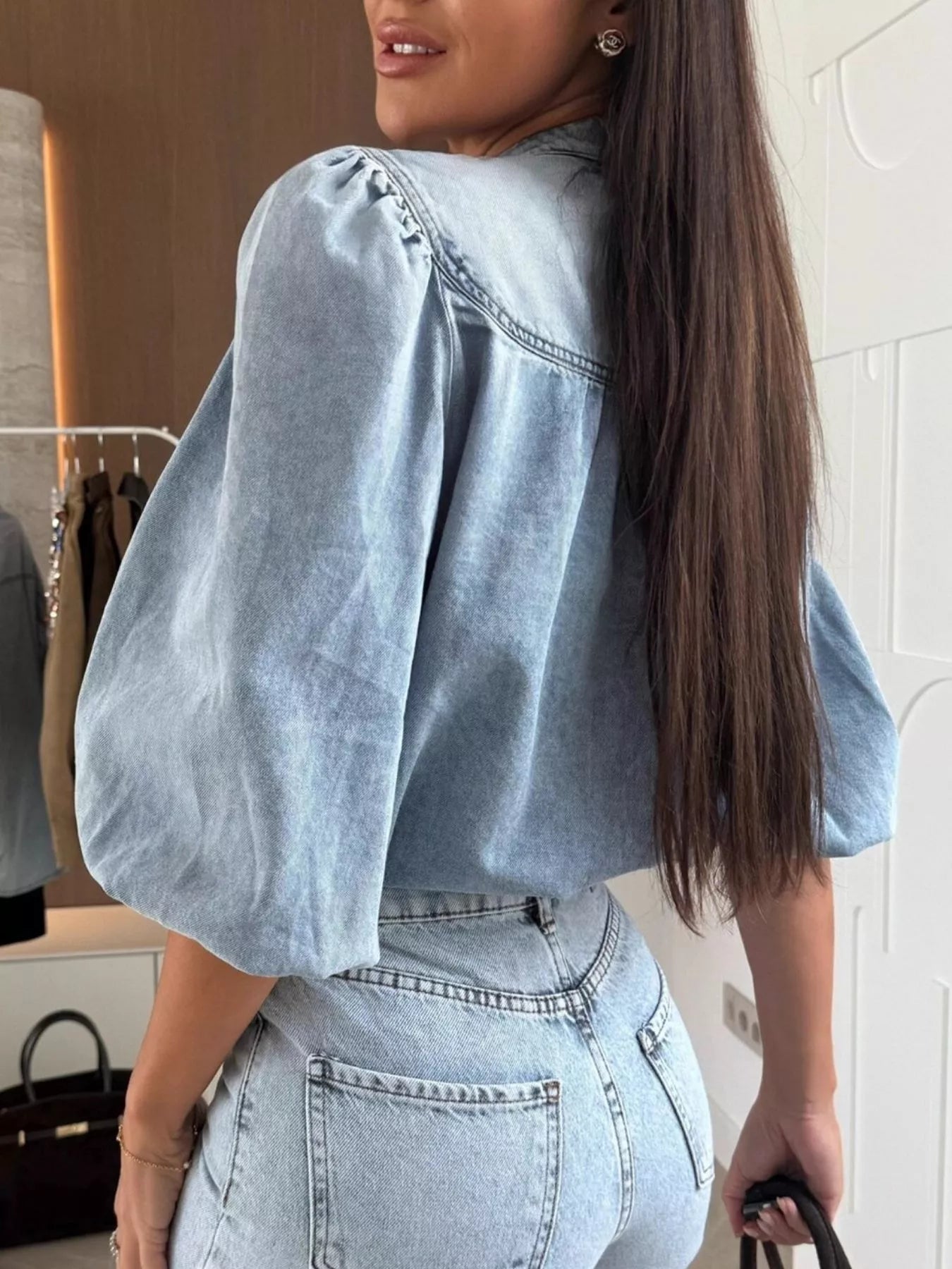 Button-Down Puff Sleeve Denim Top