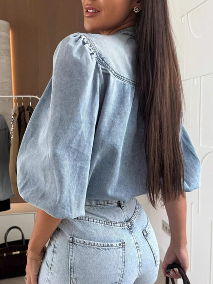 Button-Down Puff Sleeve Denim Top
