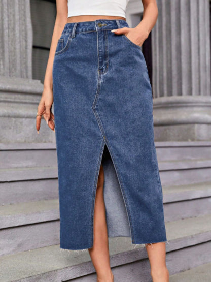 Slit Midi Denim Skirt with Pockets Medium