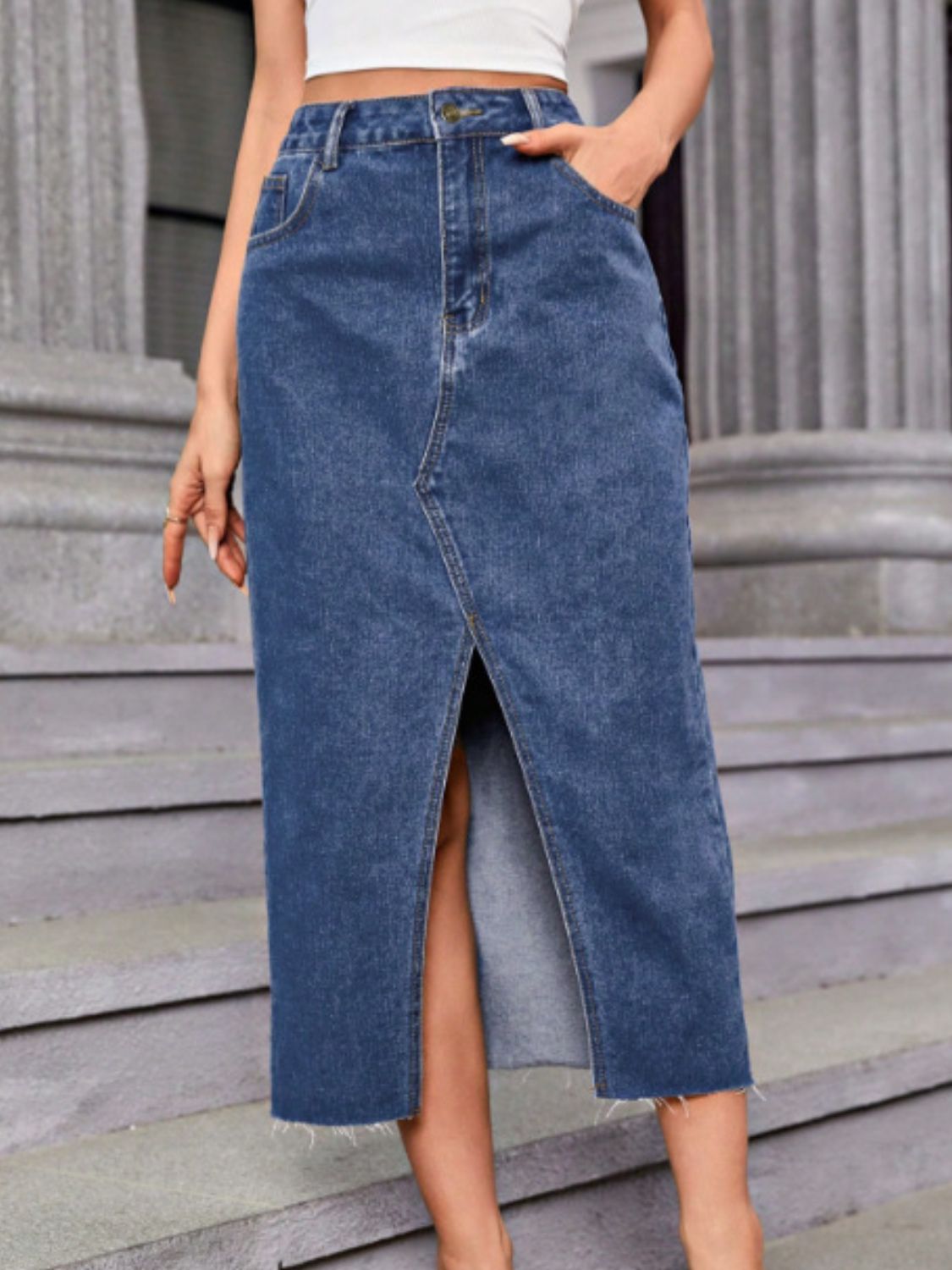 Slit Midi Denim Skirt with Pockets Medium