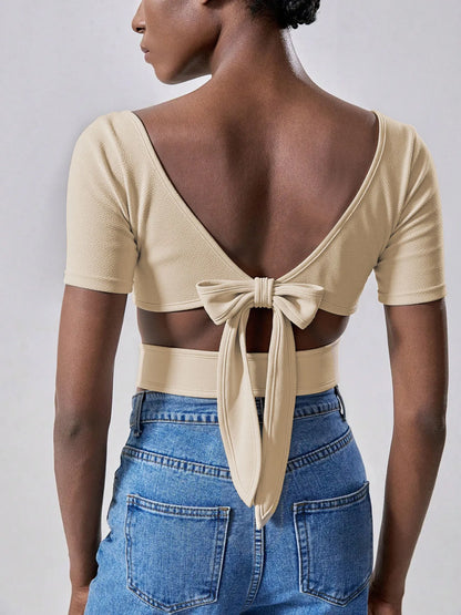 Backless Bow Tie Crop T-Shirt Apricot