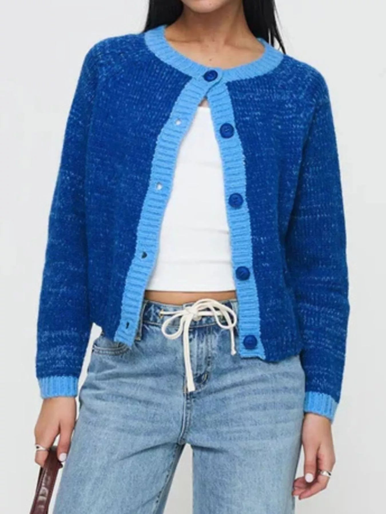 Contrast Trim Button-Up Cardigan