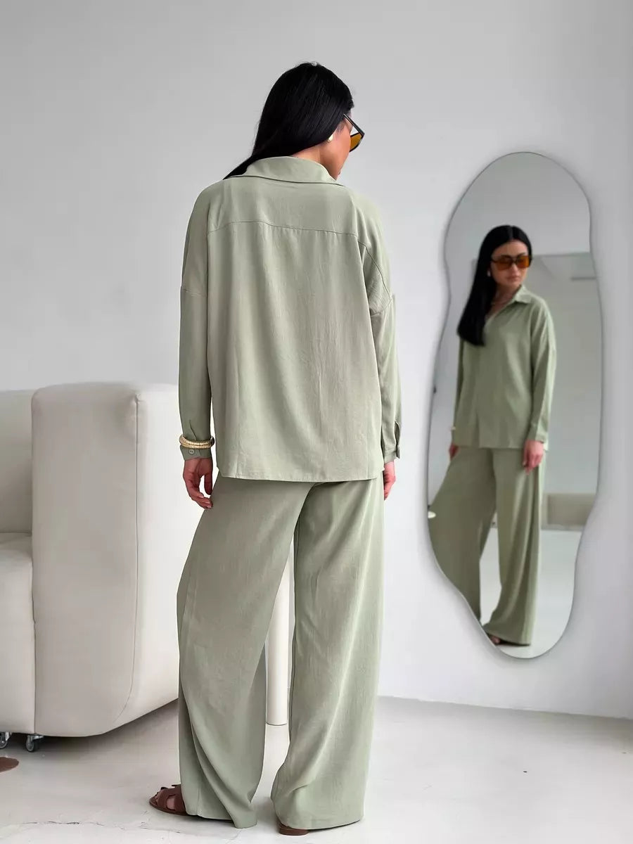 Button Up Long Sleeve Shirt and Pants Set