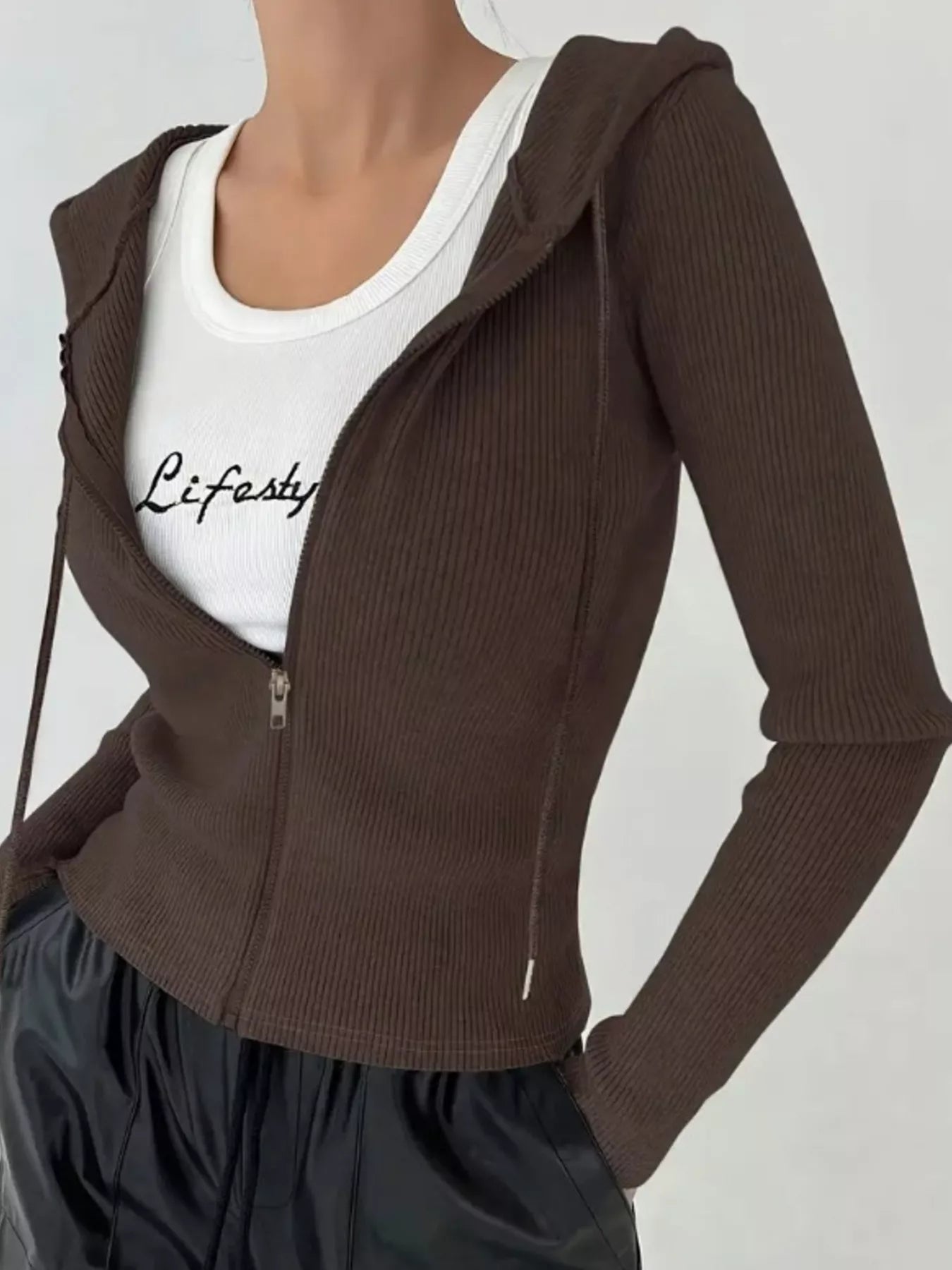Ribbed Knit Zip-Up Hooded Cardigan Brown