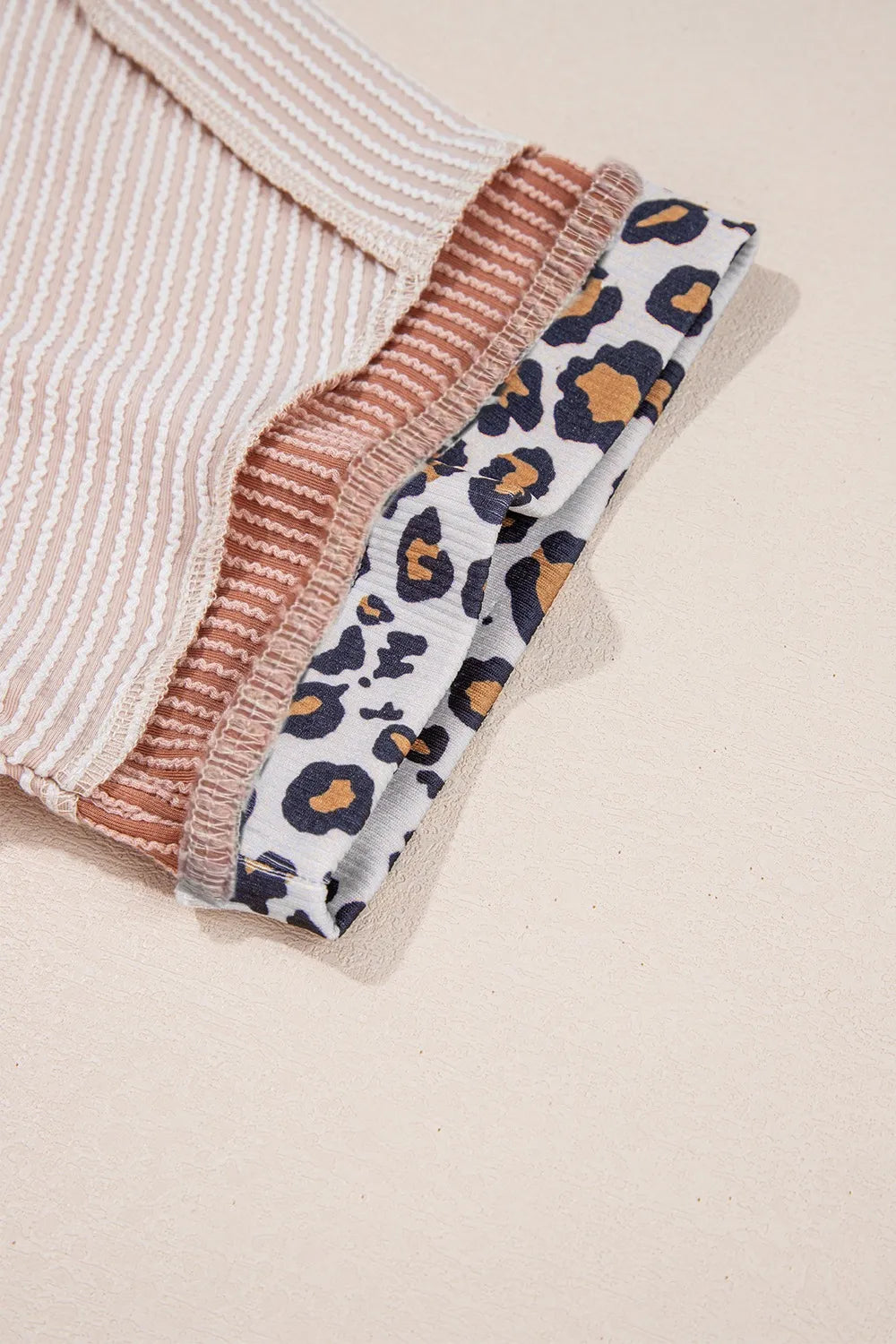 Leopard Trim Round Neck Ribbed T-Shirt