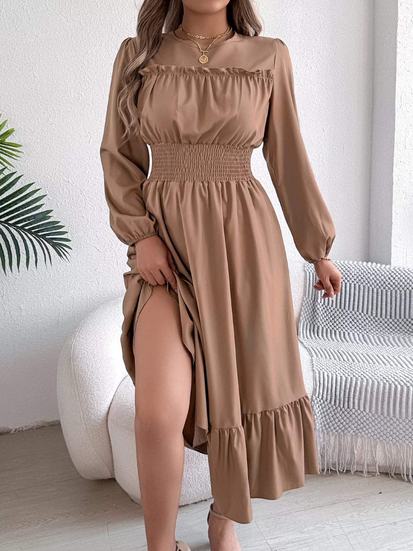 Round Neck Balloon Sleeve Tiered Dress