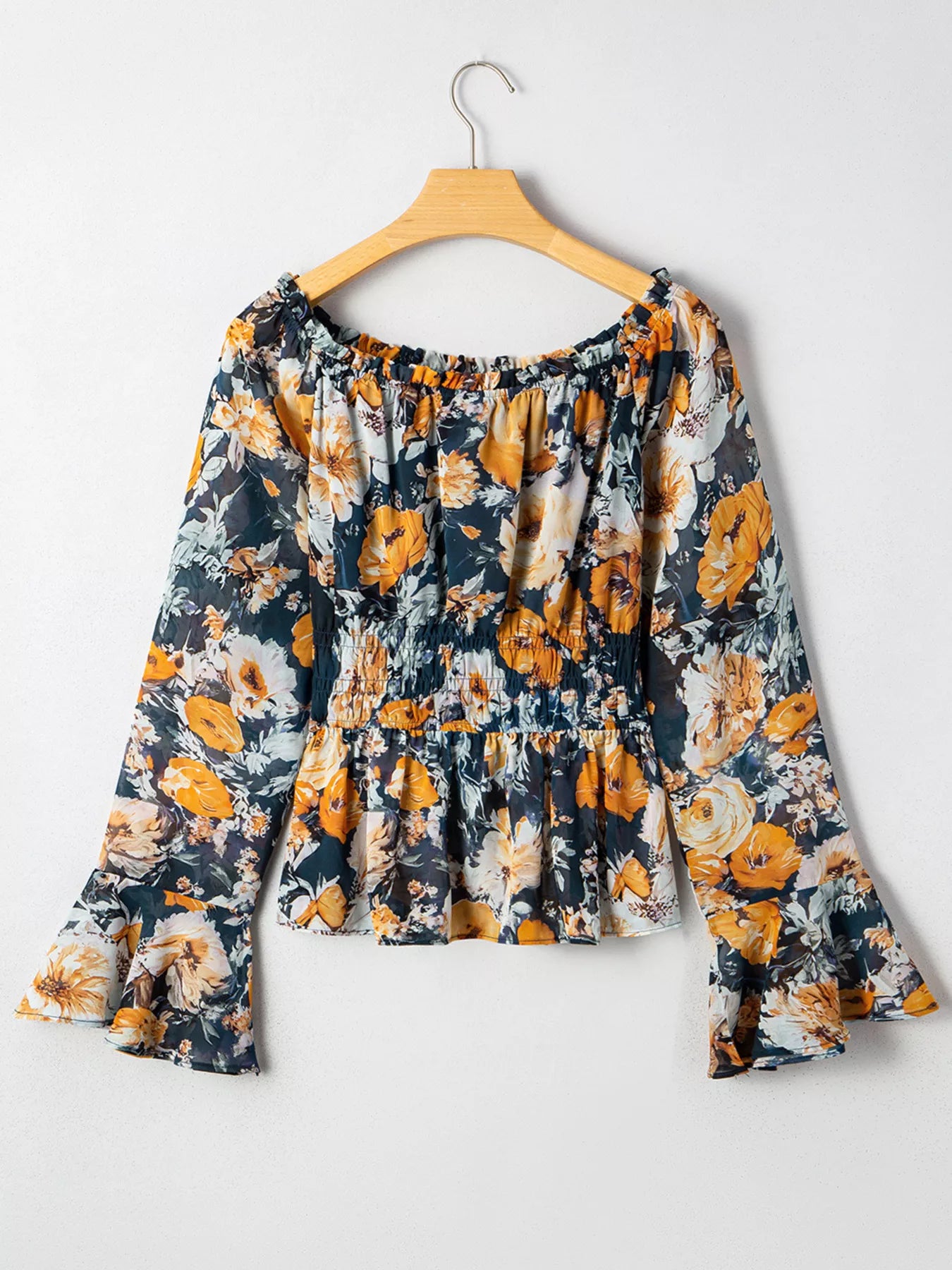 Floral Off Shoulder Bell Sleeve Smocked Peplum Top