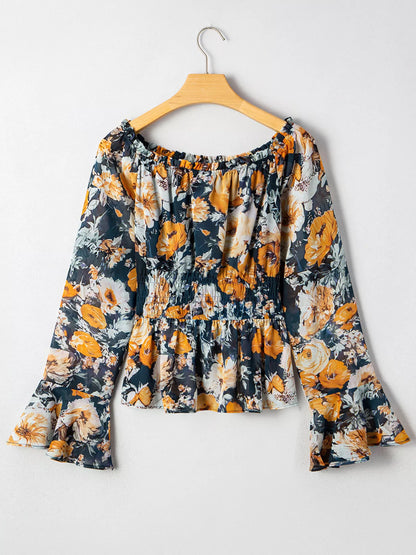 Floral Off Shoulder Bell Sleeve Smocked Peplum Top
