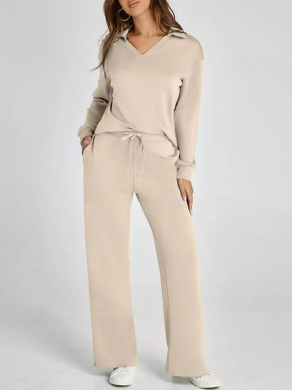 Full Size Johnny Collar Long Sleeve Top and Pants Plus Size Khaki