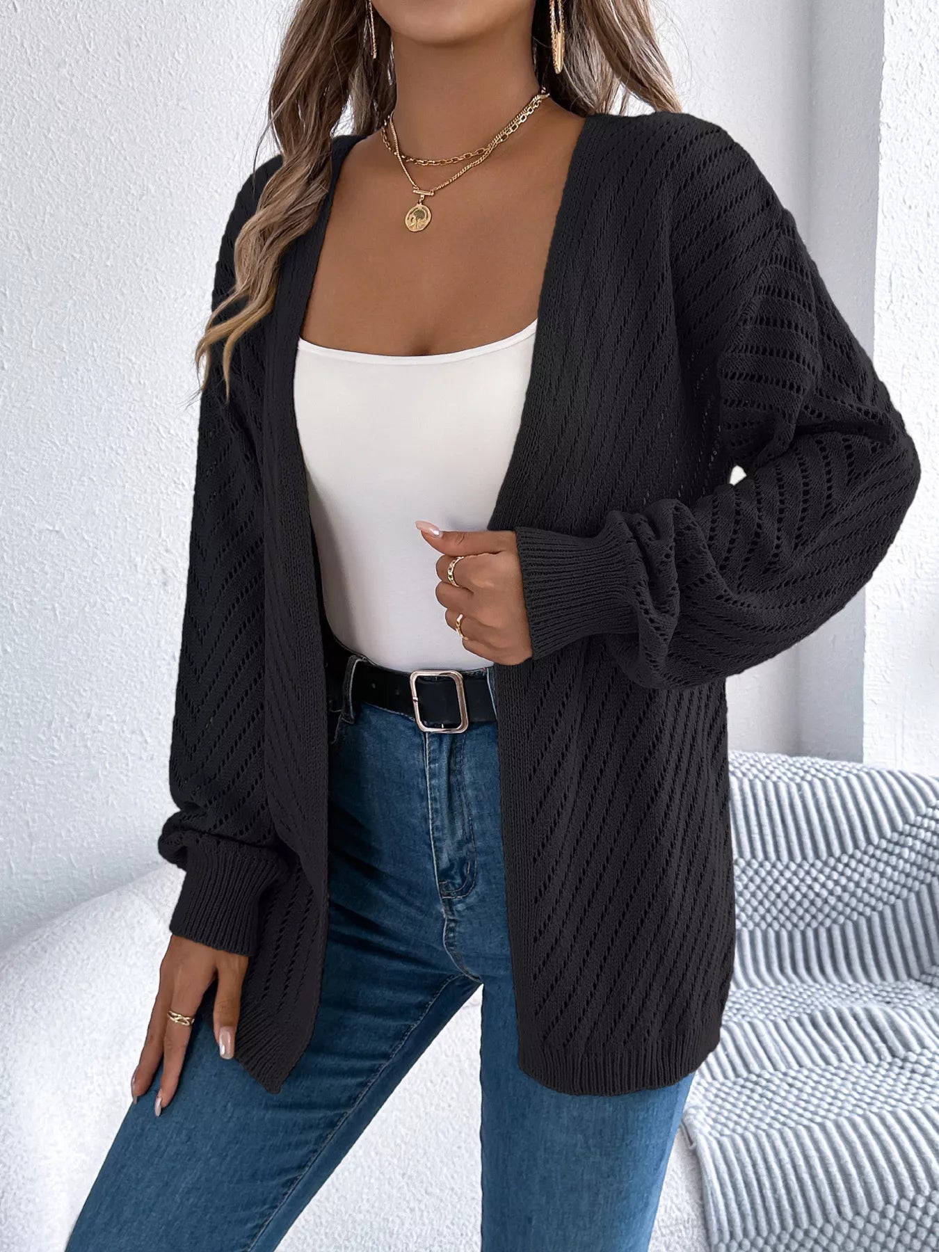 Openwork Open-Front Long Sleeve Cardigan