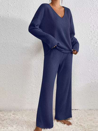 Ribbed V-Neck Top and Pants Set Navy