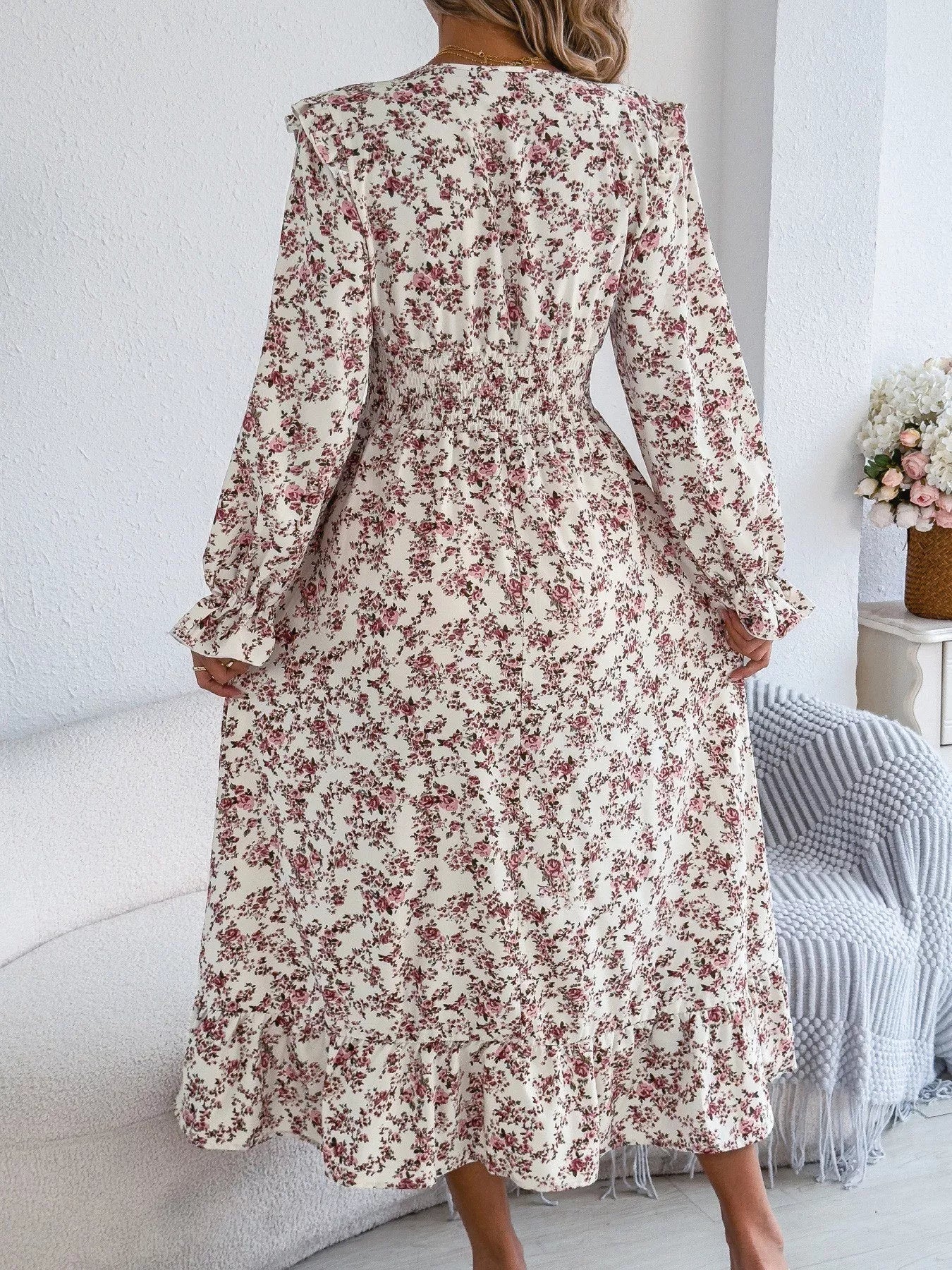 Ruffled Floral V-Neck Flounce Sleeve Dress