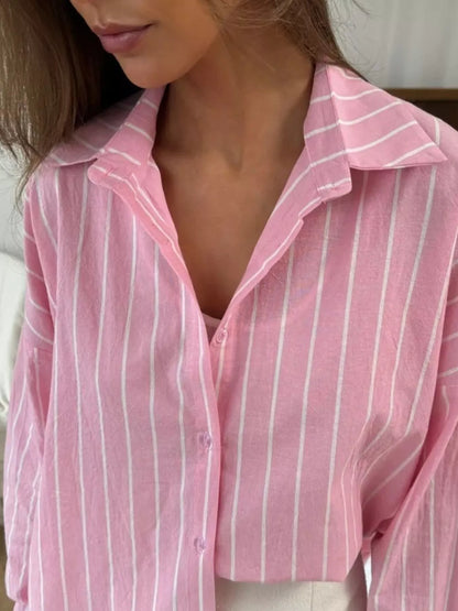 Striped Oversized Button-Down Shirt Pink