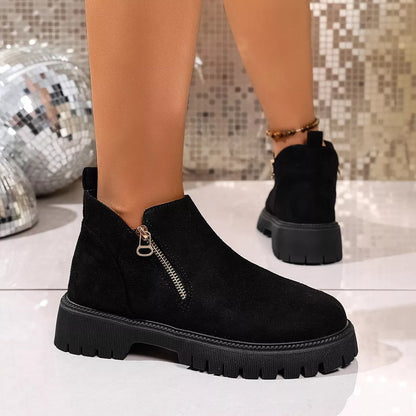 Round Toe Side Zip Ankle Boots Black