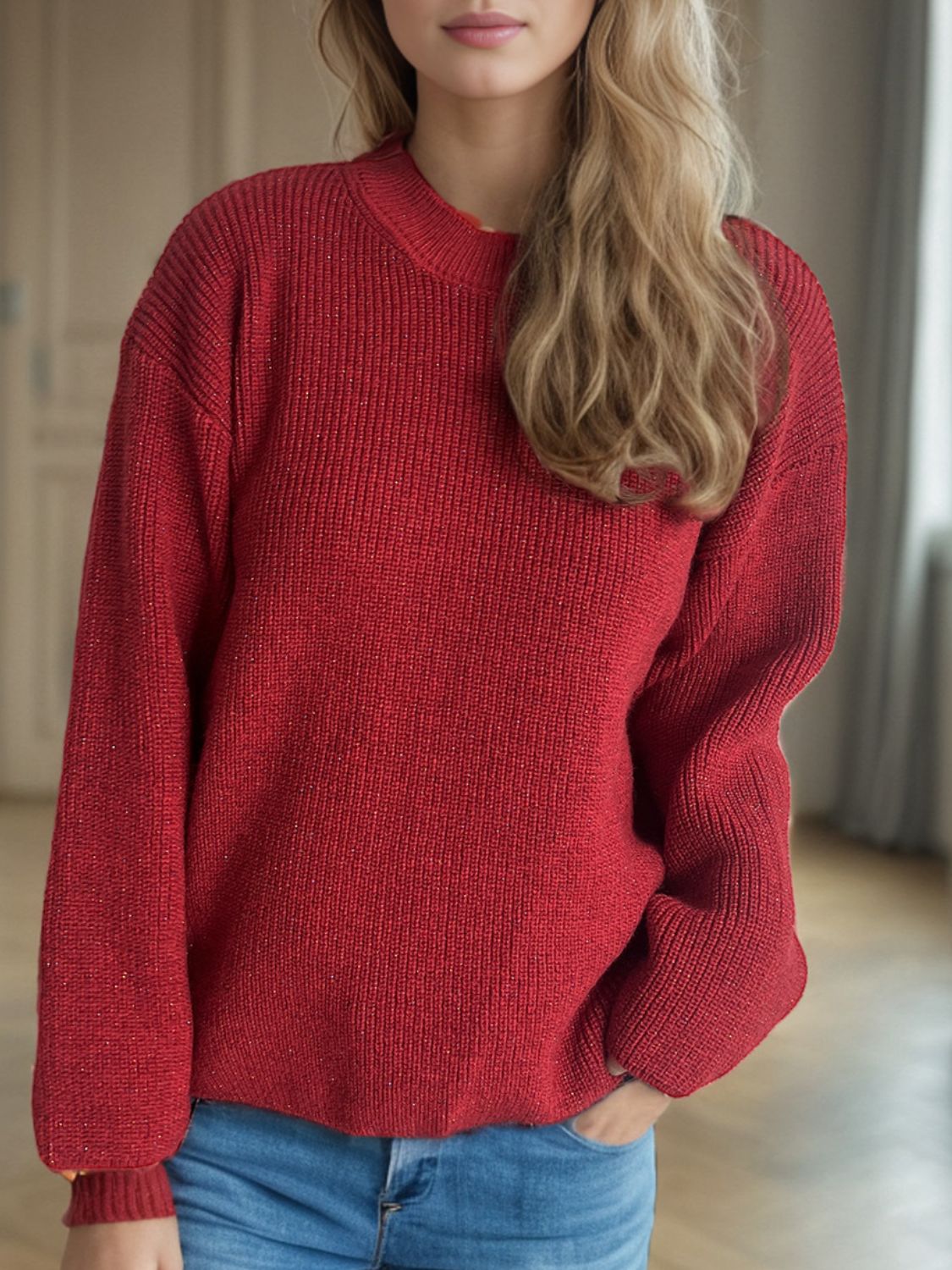 Solid Color Round Neck Long Sleeve Sweater Scarlet One Size