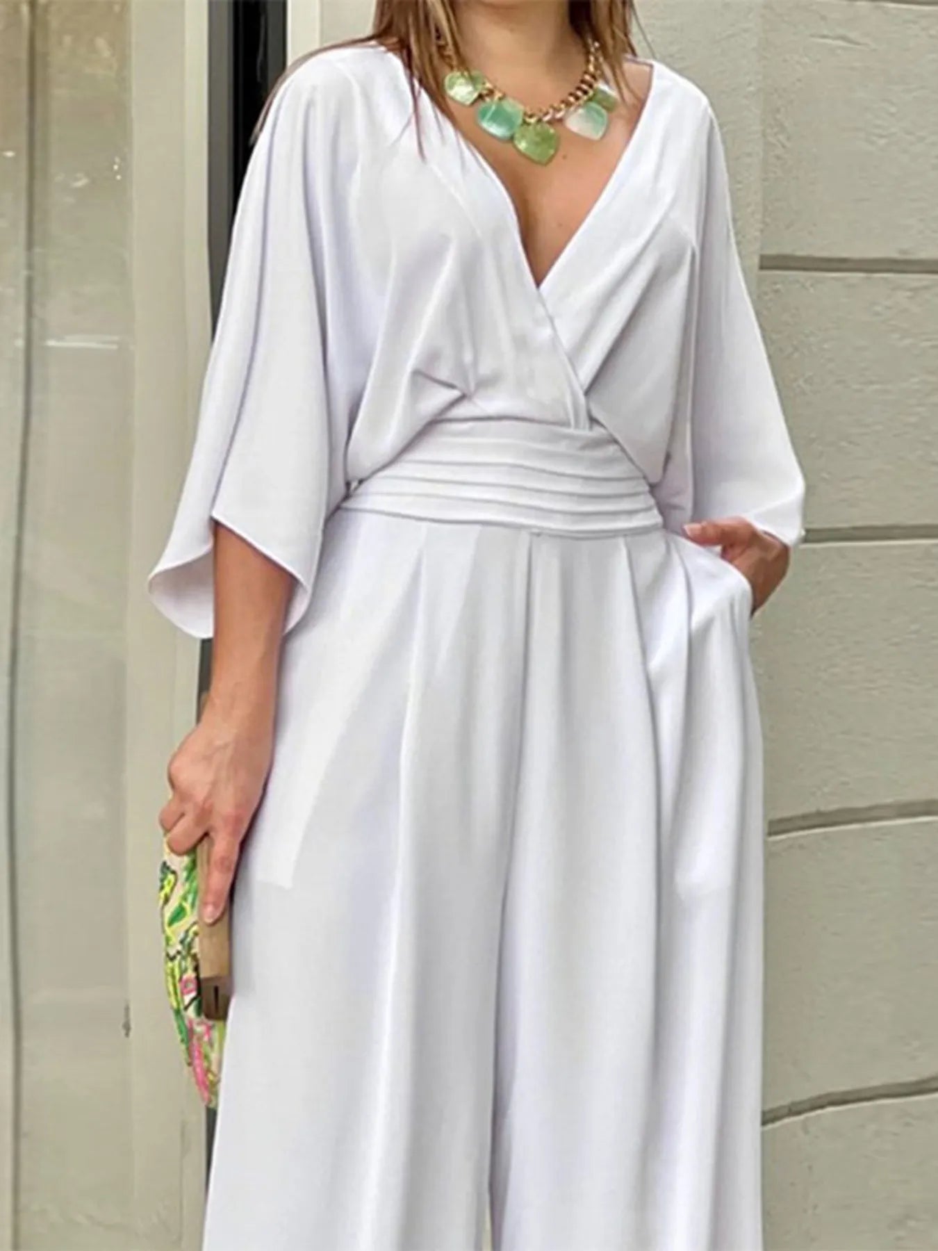Full Size Wide-Leg Wrap Jumpsuit with Kimono Sleeves Plus Size