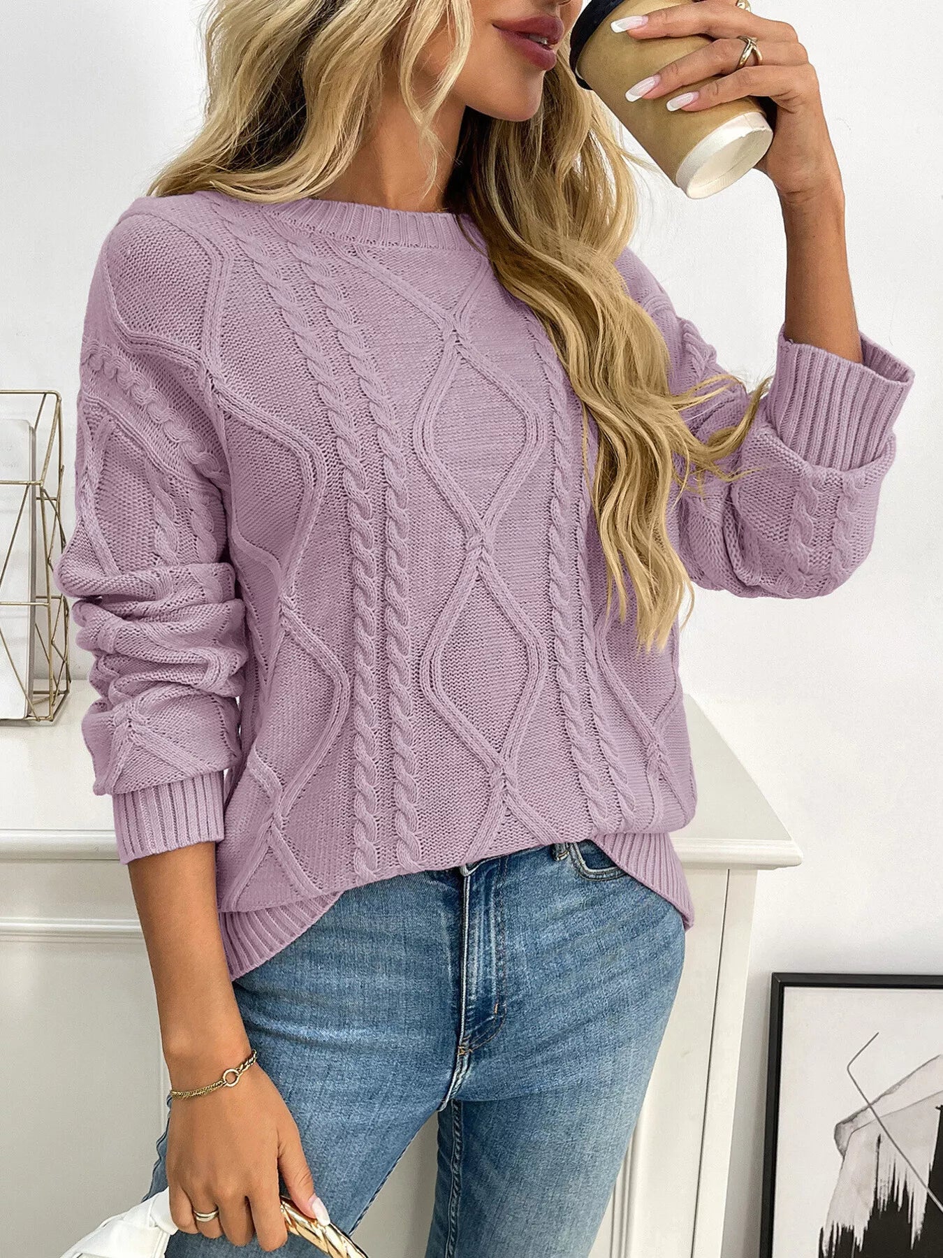 Cable Knit Round Neck Long Sleeve Sweater
