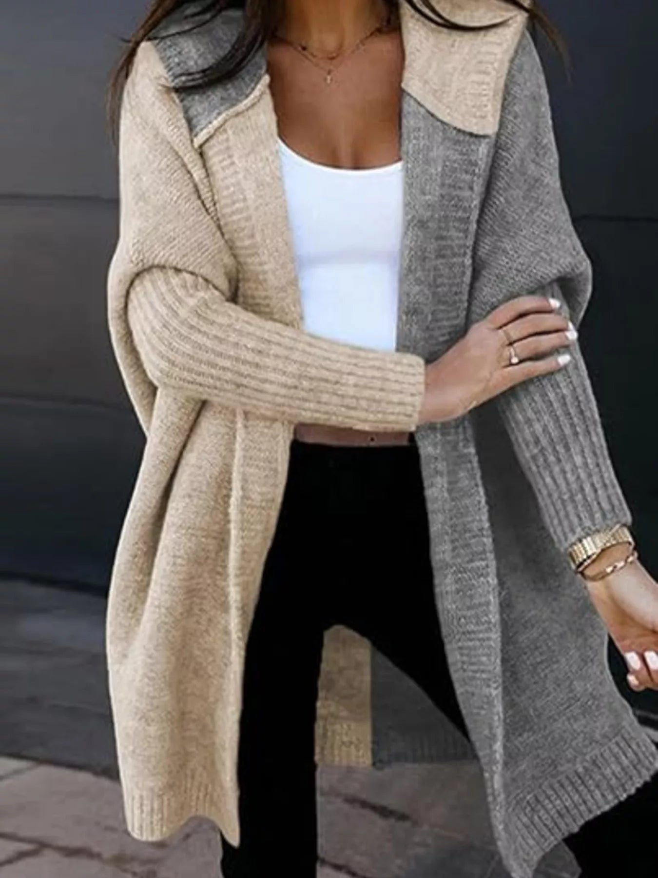 Two-Tone Open Front Knit Hooded Cardigan Gray