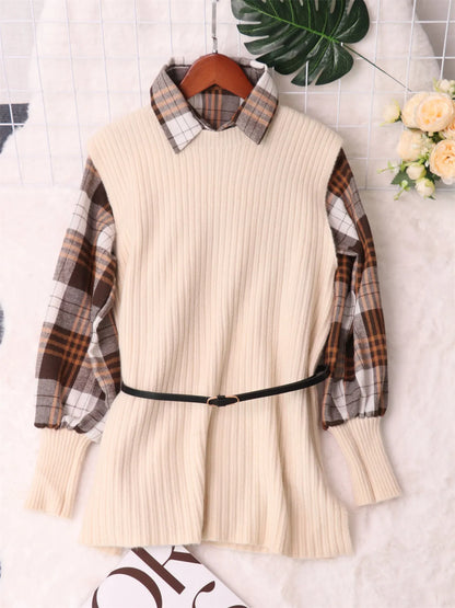 Plaid Long Sleeve Sweater Dress Apricot One Size