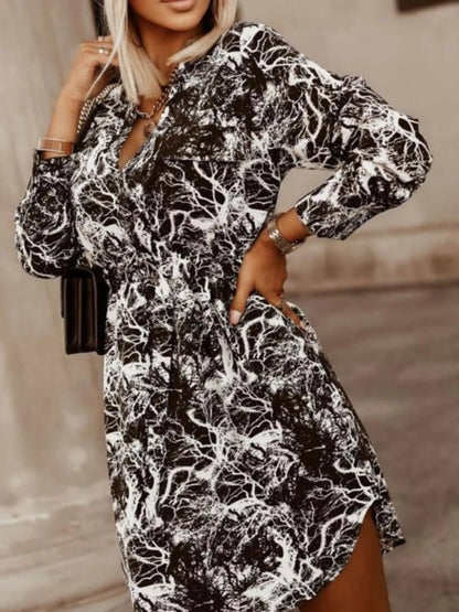 Printed Button Front Long Sleeve Dress