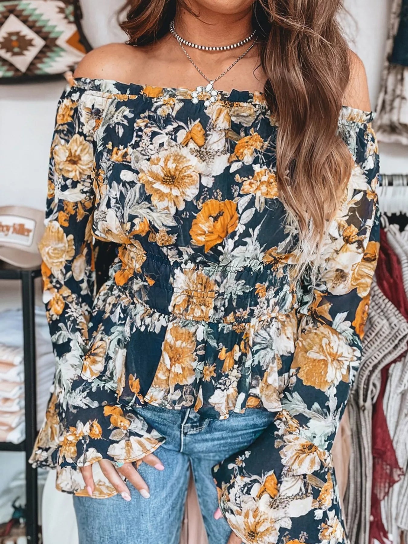 Floral Off Shoulder Bell Sleeve Smocked Peplum Top Floral