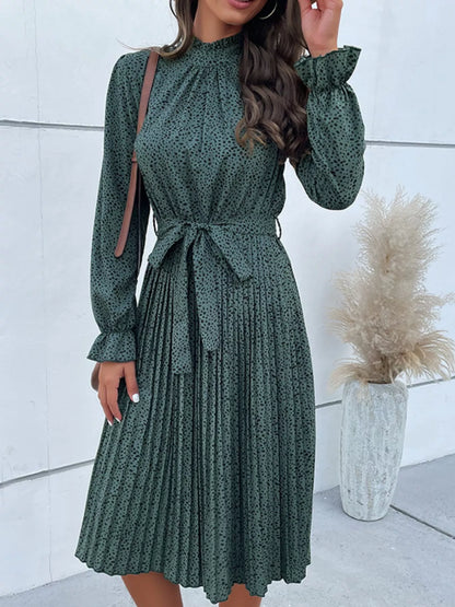 Animal Print Mock Neck Flounce Sleeve Dress