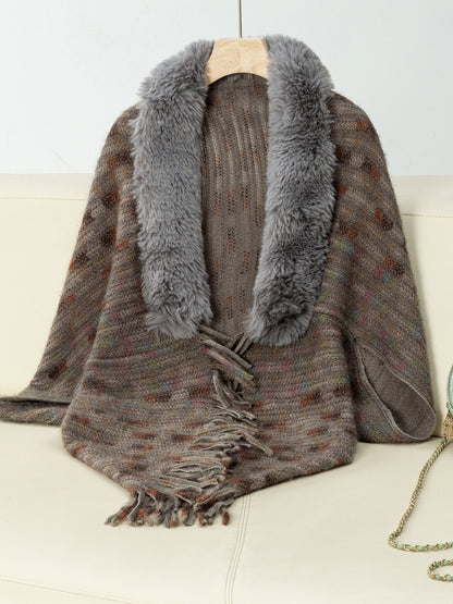 Fringe Fuzzy Open Front Poncho Coffee Brown One Size