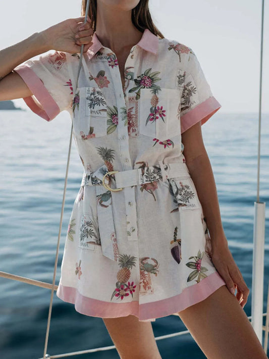 Printed Short Sleeve Romper with Belt