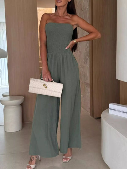Smocked Tube Wide-Leg Jumpsuit Green