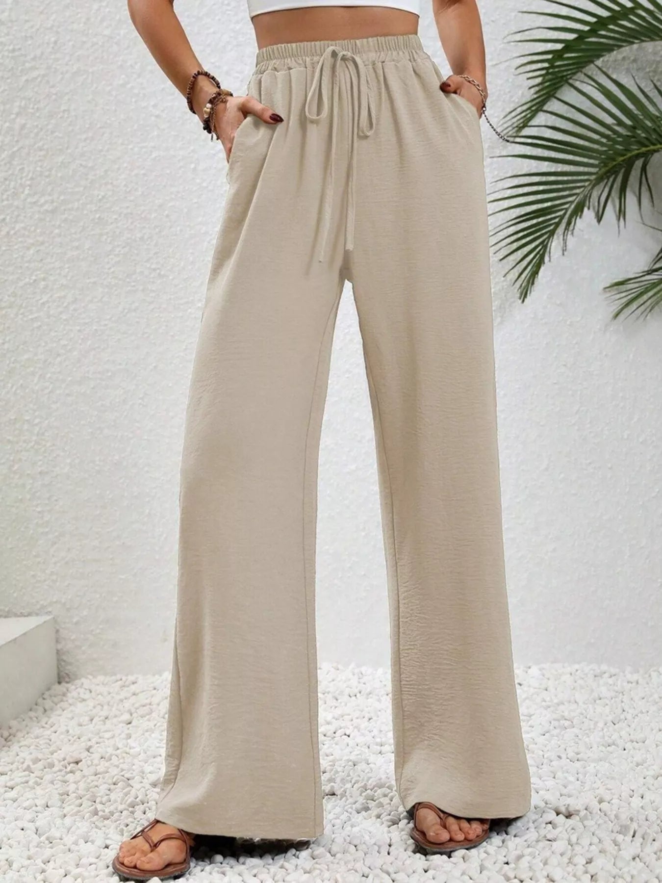 Casual Drawstring Wide Leg Pants Apricot