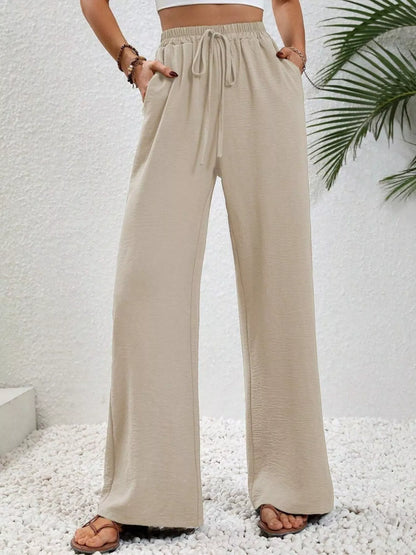 Casual Drawstring Wide Leg Pants Apricot