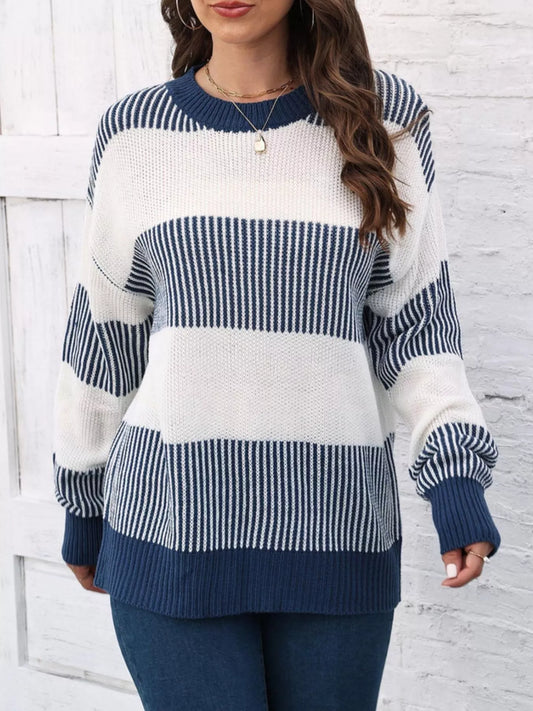 Full Size Color Block Dropped Shoulder Sweater Plus Size Dark Blue