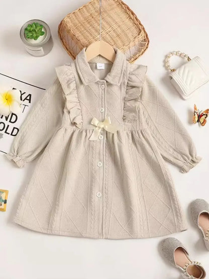 Children's Ruffled Bow Collared Neck Dress Beige