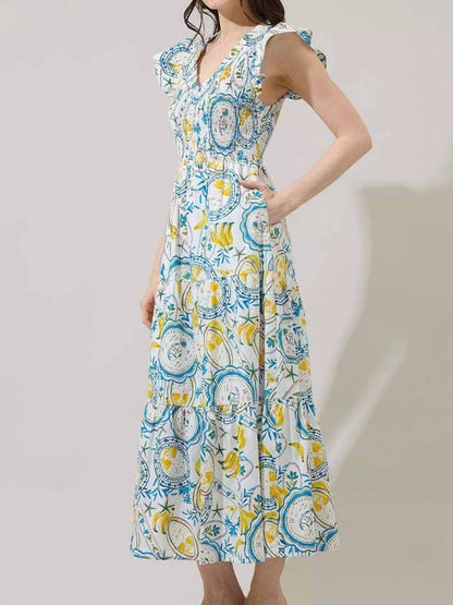 Ruffled V-Neck Tiered Midi Dress