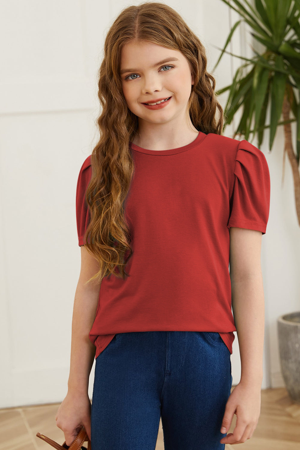 Round Neck Puff Sleeve T-Shirt Deep Red