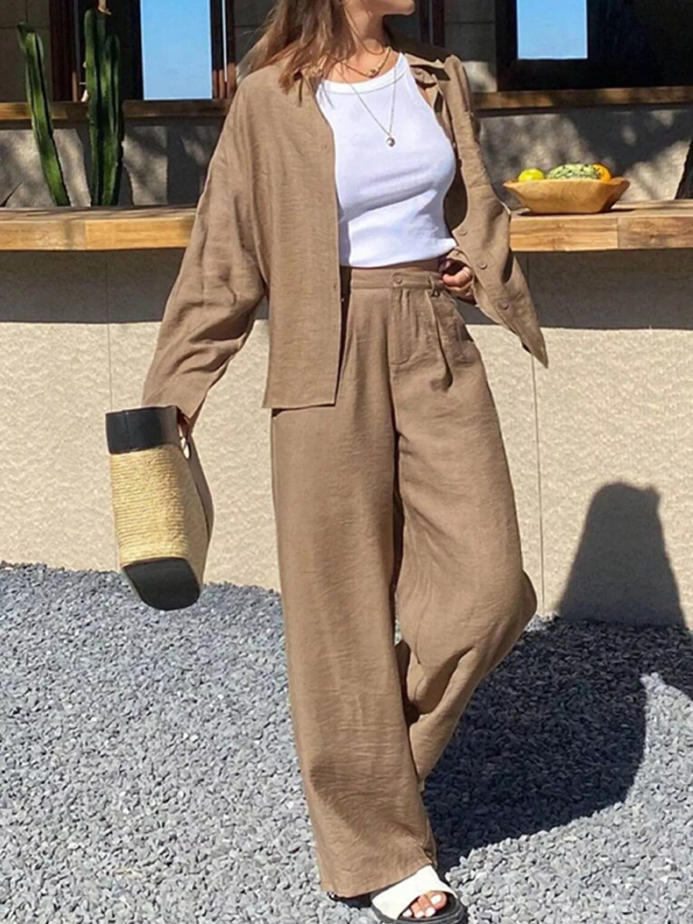 Full Size Relaxed Fit Button Up Shirt and Pants Two-Piece Set Plus Size Khaki