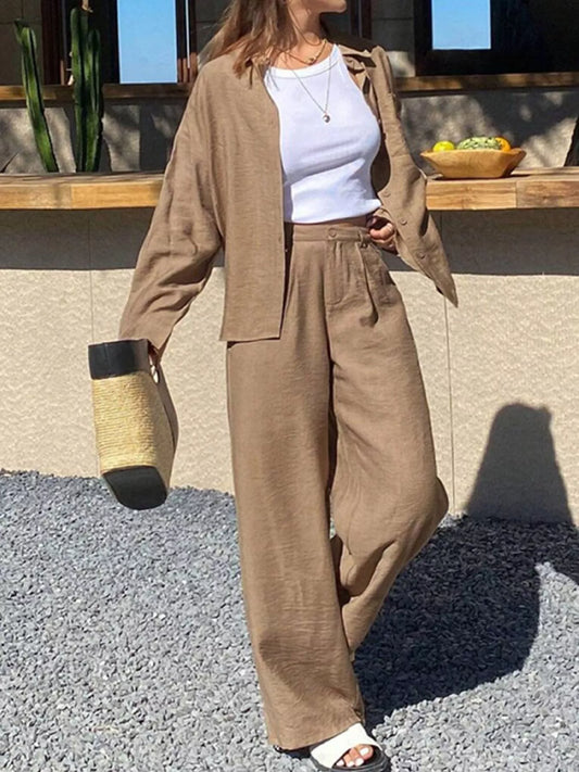 Full Size Relaxed Fit Button Up Shirt and Pants Two-Piece Set Plus Size Khaki