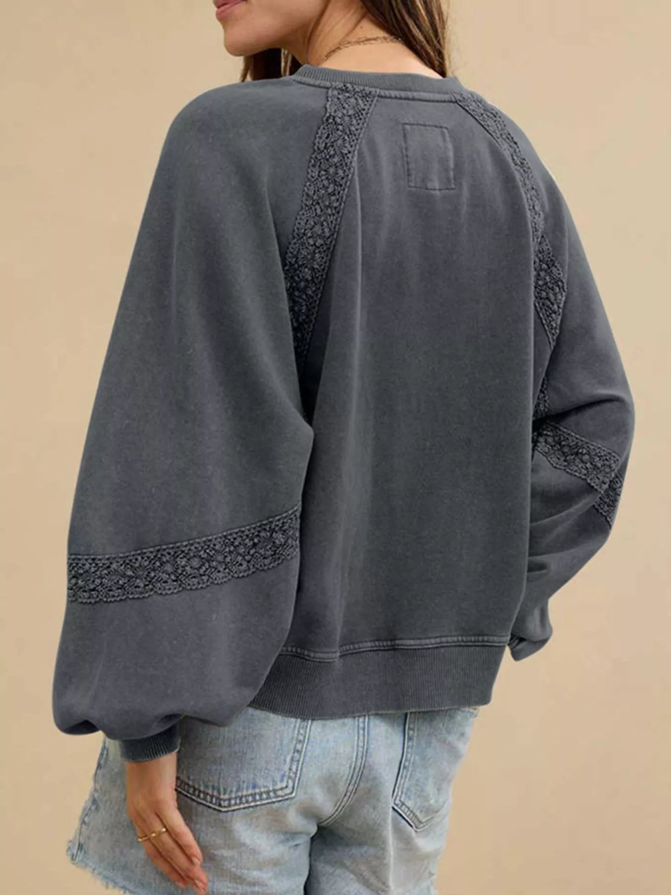 Lace Detail Notched Long Sleeve Sweatshirt
