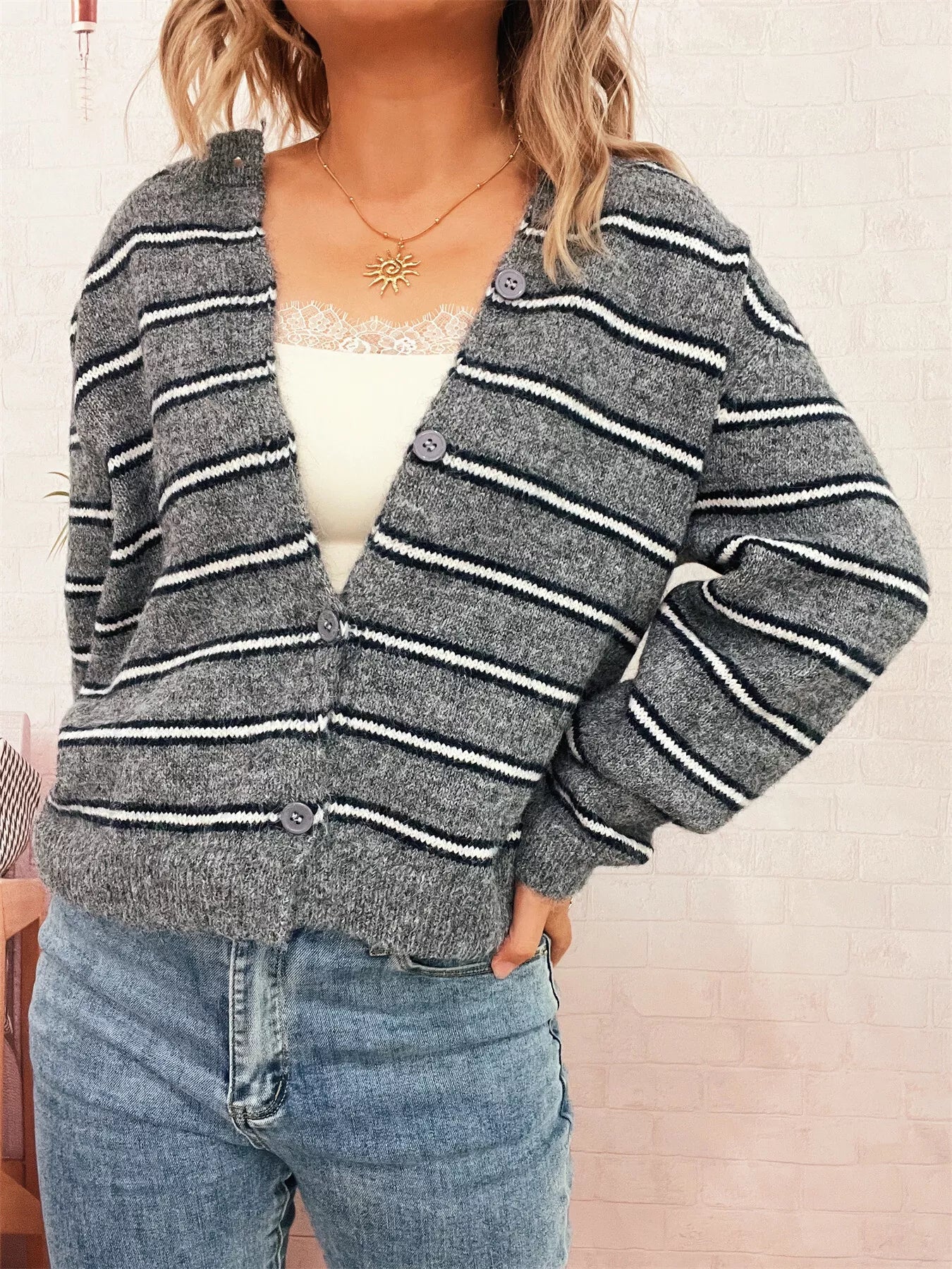 Striped Button-Up Long Sleeve Cardigan Gray One Size