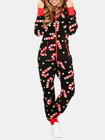 Printed Zip Up Long Sleeve Hooded Jumpsuit Black Cane