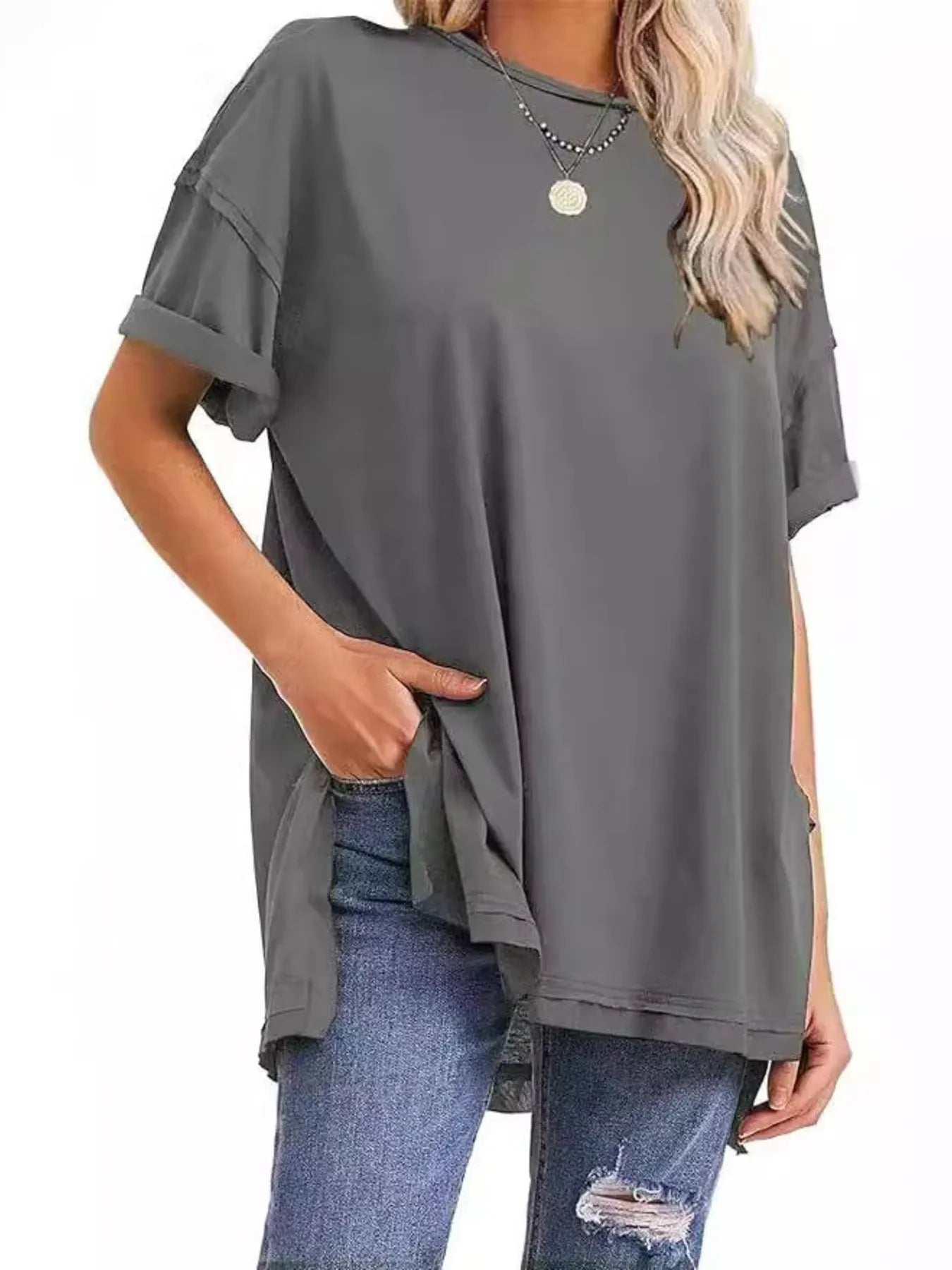 Full Size Oversized Drop Shoulder Side Slit T-Shirt Plus Size