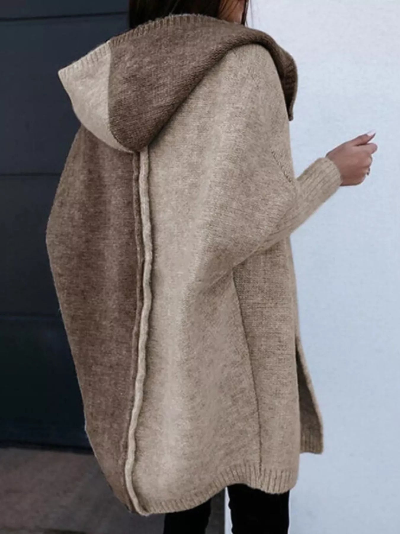 Two-Tone Open Front Knit Hooded Cardigan