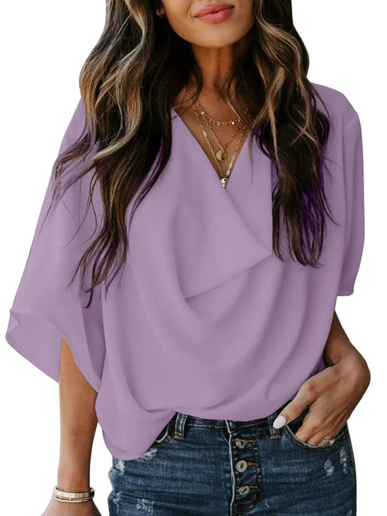 Full Size Half Sleeve Flowy Blouse Plus Size Light Purple