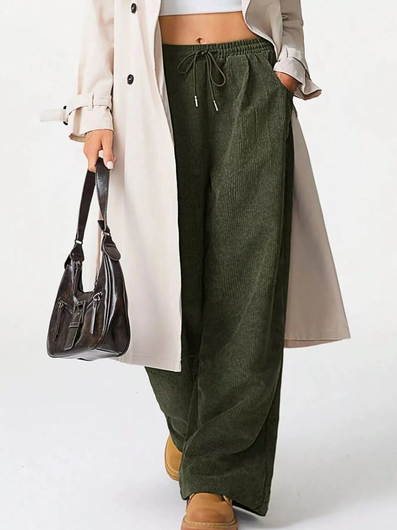 Wide Leg Corduroy Drawstring Pants Army Green