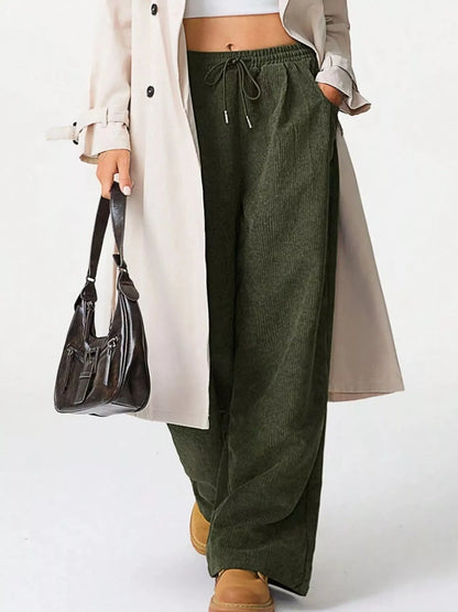 Wide Leg Corduroy Drawstring Pants Army Green